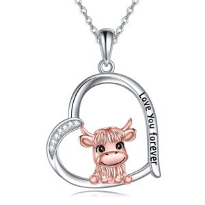 YAFEINI Highland Cow Necklace Sterling Silver Heart Highland Cow Pendant Necklace Scottish Jewelry for Women Cow Lover Gifts