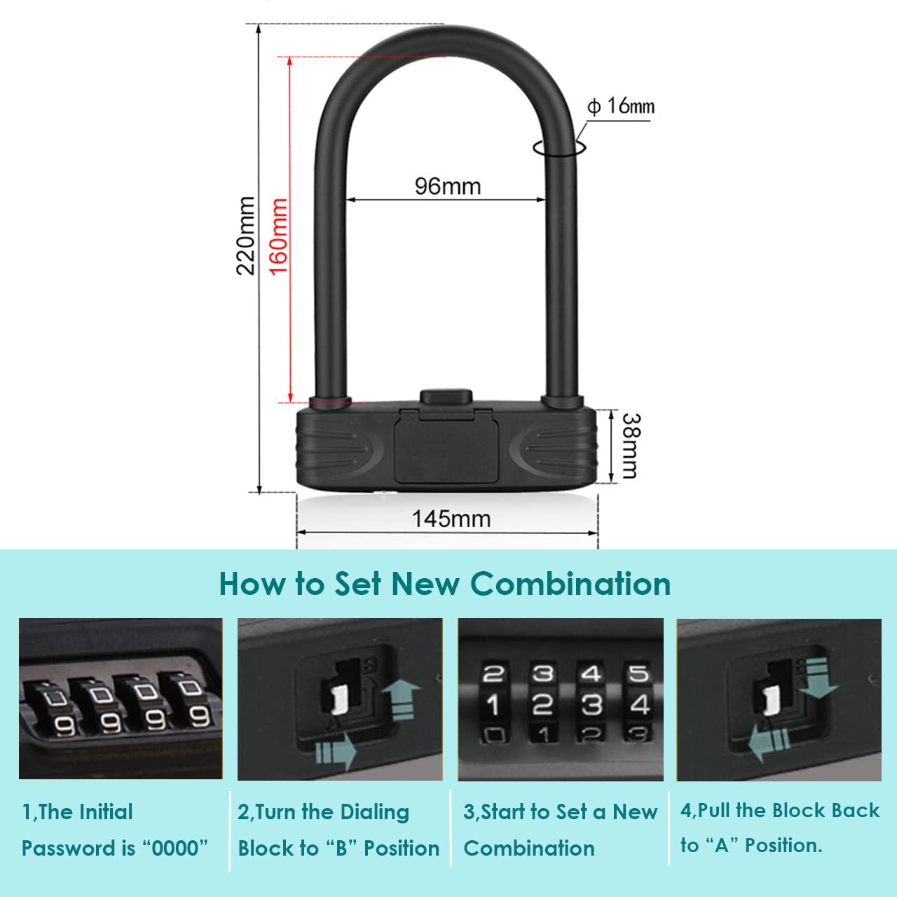 Puyueo Combination U Lock,Heavy Duty Bike Code Lock,Long Shackle Lock for Gate,Bike,Scooter