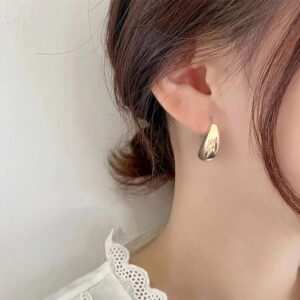 Chunky Gold Stud Half Hoop Earrings, 2 Pairs Long Waterdrop Earrings for Women Open Hoop with 14K Gold Filled Hypoallergenic Jewelry for Women (gold)