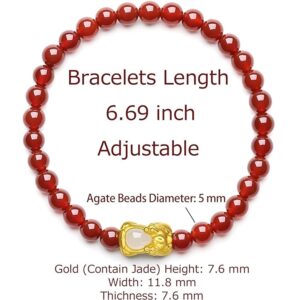 ZHOU LIU FU 24K Solid Gold Bracelets for Women, Real Pure Gold Pixiu Bracelet, Adjustable Red Agate Bead Bracelets with White or Green Nephrite Jade for Men Teen Girls