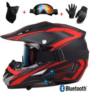 Bluetooth Off-Road Motorcycle Helmet, Motocross Mountain Bike Helmet with Gloves Goggles Mask, Four Wheeler Dirt Bike Helmet for Street Racing Downhill MX Full Face Helmet, DOT Certified-E-X-Large