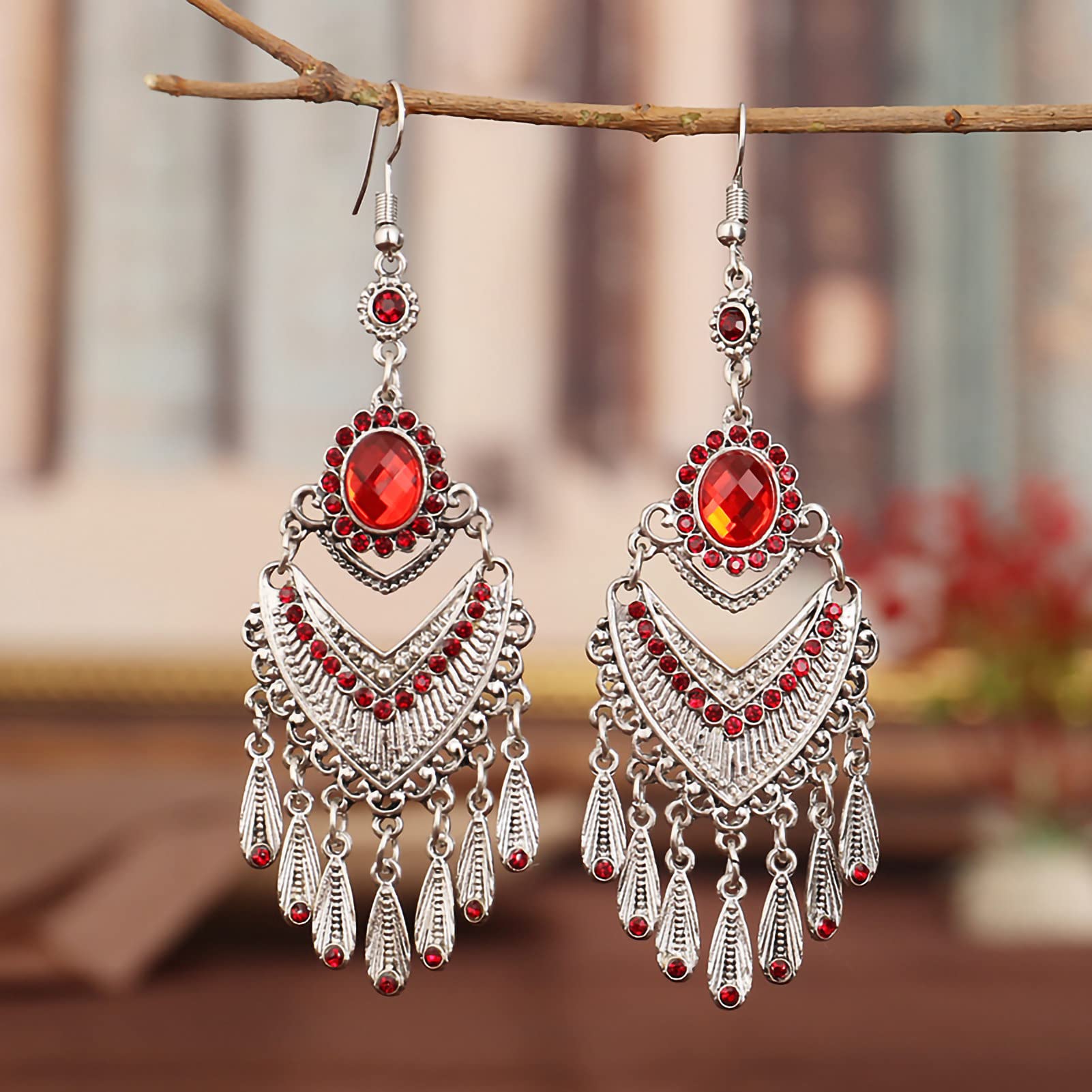 Women Dangle Earrings, 1 Pair Hook Earrings Vintage Ethnic Style Elegant Hollow Delicate Drop Earrings for Travelling Drop Earrings Women Beauty (Colour Name : Green) (Red b)