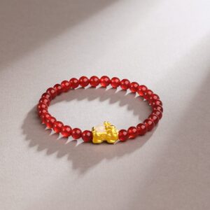 ZHOU LIU FU 24K Solid Gold Bracelets for Women, Real Pure Gold Pixiu Bracelet, Adjustable Red Agate Bead Bracelets with White or Green Nephrite Jade for Men Teen Girls