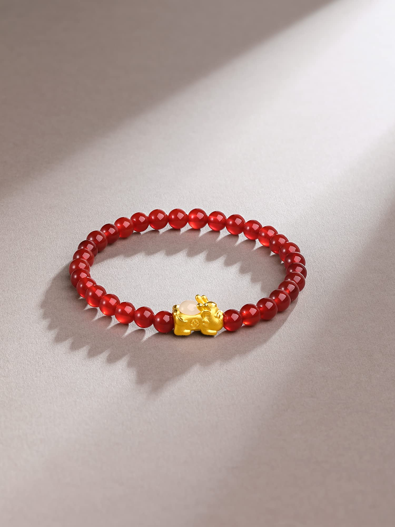 ZHOU LIU FU 24K Solid Gold Bracelets for Women, Real Pure Gold Pixiu Bracelet, Adjustable Red Agate Bead Bracelets with White or Green Nephrite Jade for Men Teen Girls