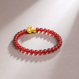 ZHOU LIU FU 24K Solid Gold Bracelets for Women, Real Pure Gold Pixiu Bracelet, Adjustable Red Agate Bead Bracelets with White or Green Nephrite Jade for Men Teen Girls