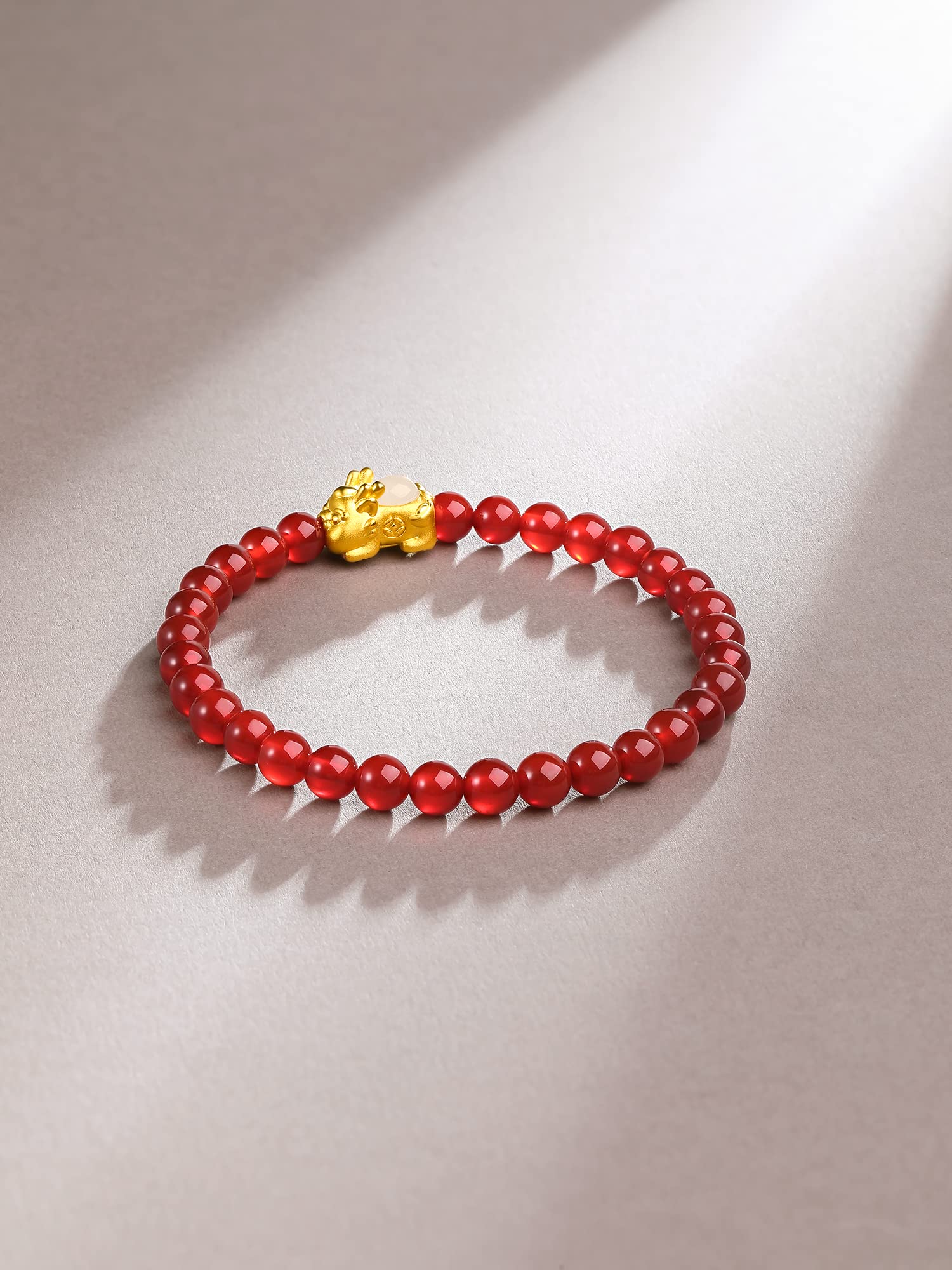 ZHOU LIU FU 24K Solid Gold Bracelets for Women, Real Pure Gold Pixiu Bracelet, Adjustable Red Agate Bead Bracelets with White or Green Nephrite Jade for Men Teen Girls