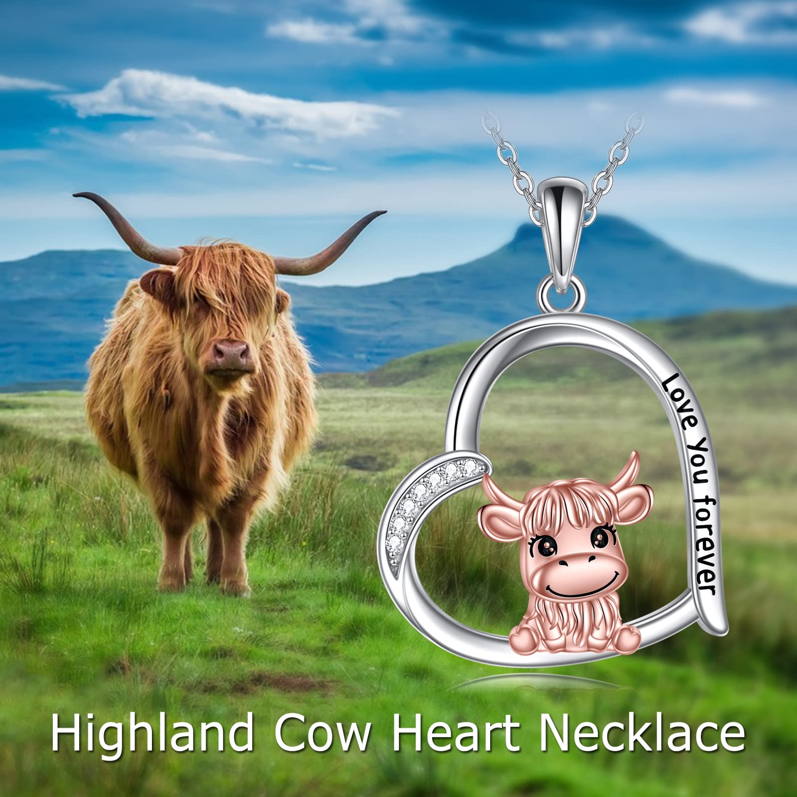 YAFEINI Highland Cow Necklace Sterling Silver Heart Highland Cow Pendant Necklace Scottish Jewelry for Women Cow Lover Gifts