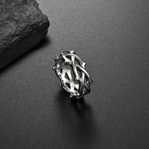 WOYNJI Stainless Steel Tree Vine Branch Crown of Thorn Lucky Ring for Men and Women Silver Size 6