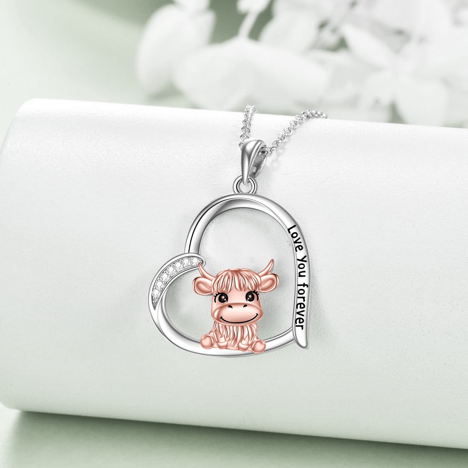 YAFEINI Highland Cow Necklace Sterling Silver Heart Highland Cow Pendant Necklace Scottish Jewelry for Women Cow Lover Gifts