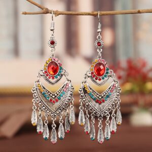 Women Dangle Earrings, 1 Pair Hook Earrings Vintage Ethnic Style Elegant Hollow Delicate Drop Earrings for Travelling Drop Earrings Women Beauty (Colour Name : Green) (Red b)