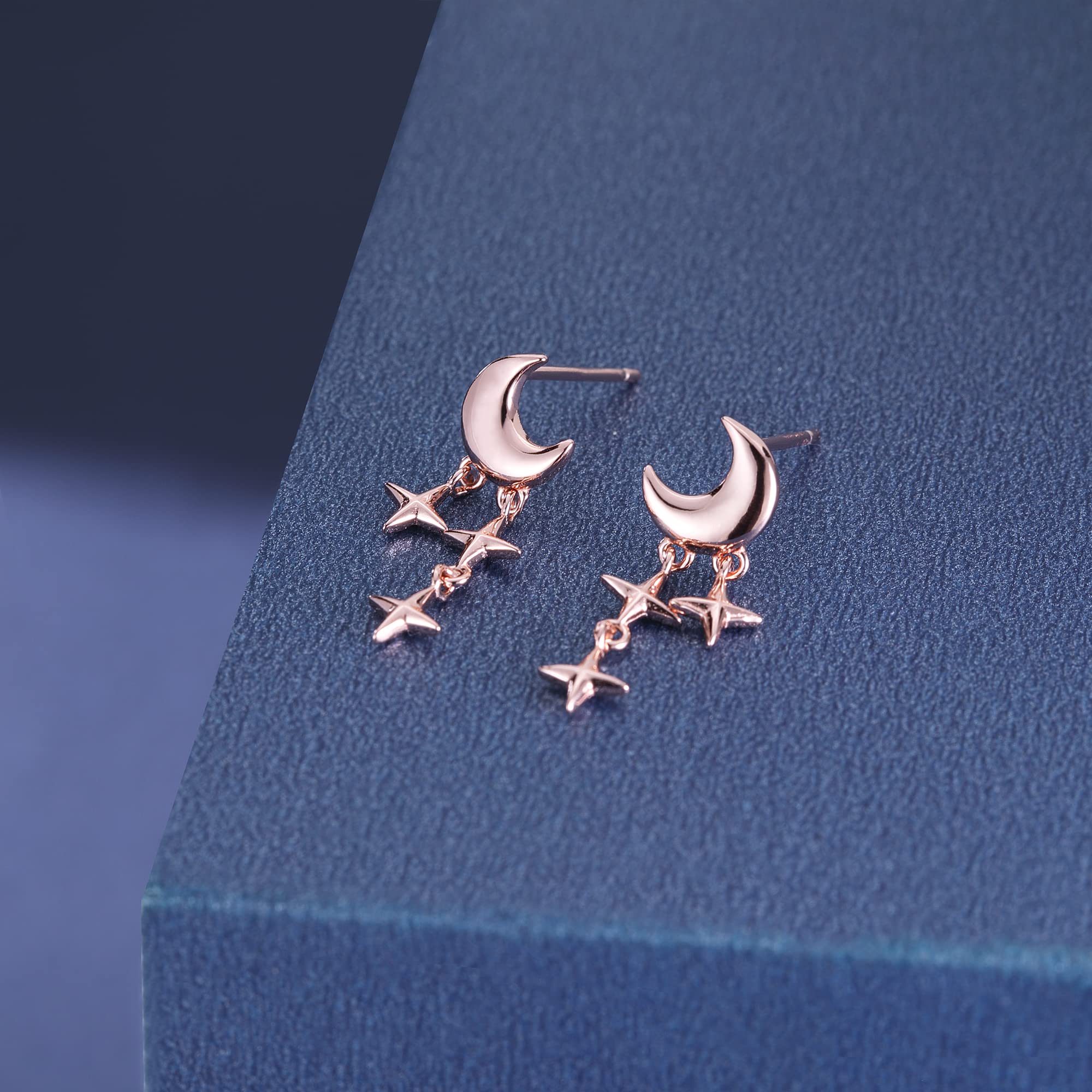 SLUYNZ 925 Sterling Silver Tiny Moon Star Earrings Studs for Women Teen Girls Small Moon Studs Earrings Star Drop (C-Rose Gold)