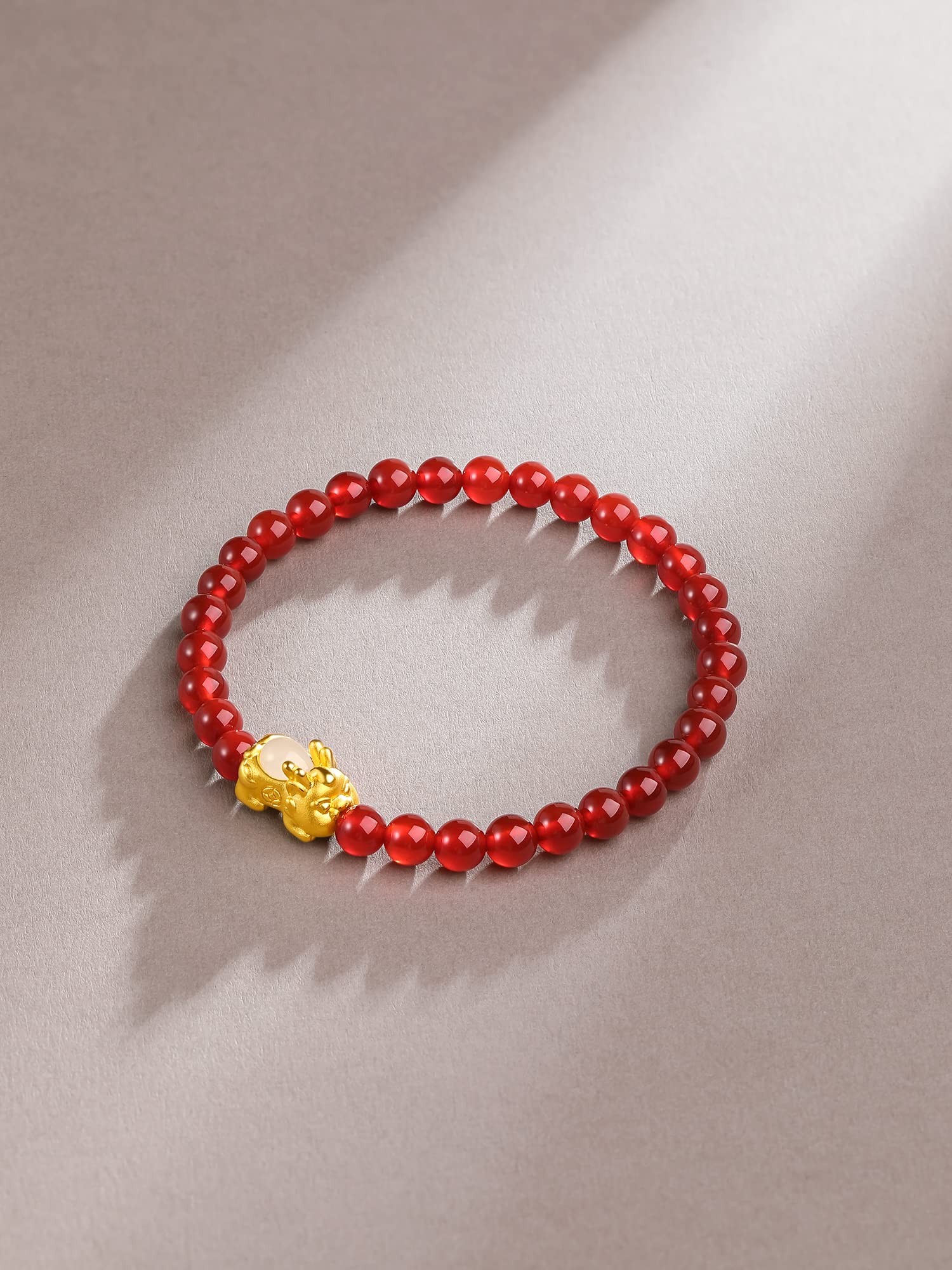 ZHOU LIU FU 24K Solid Gold Bracelets for Women, Real Pure Gold Pixiu Bracelet, Adjustable Red Agate Bead Bracelets with White or Green Nephrite Jade for Men Teen Girls