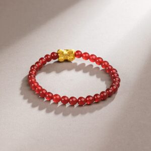 ZHOU LIU FU 24K Solid Gold Bracelets for Women, Real Pure Gold Pixiu Bracelet, Adjustable Red Agate Bead Bracelets with White or Green Nephrite Jade for Men Teen Girls