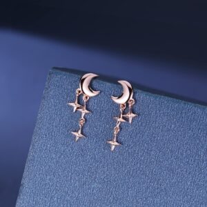 SLUYNZ 925 Sterling Silver Tiny Moon Star Earrings Studs for Women Teen Girls Small Moon Studs Earrings Star Drop (C-Rose Gold)