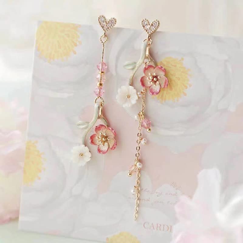 Pink Flower Cherry Blossom Petal Tassel Zircon Dangle Drop Earrings Cute Butterfly Heart Pearl Floral Earrings for Women Summer Refreshing Holiday Jewelry-heart