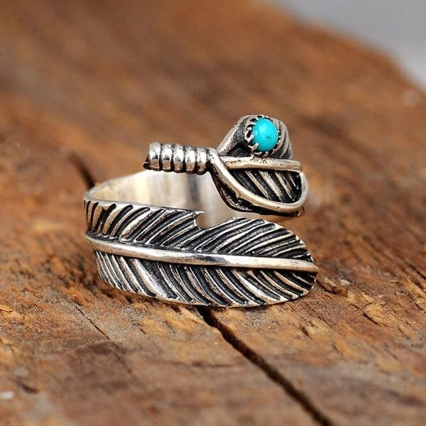 Boho Feather Turquoise Adjustable Ring, Adjustable Stainless Steel Feather Ring, Boho Turquoise Ring for Men, Feather Ring for Women (2 Pcs)