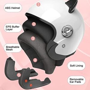 Fashion Cat Ear Motorcycle Helmet, Retro 3/4 Open Face Electric Scooter Moped ATV Street Jet Half Helmet All Season Universal Vespa Quick Release Buckle Helmets, DOT Approved -D-50-64CM