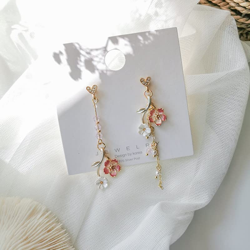 Pink Flower Cherry Blossom Petal Tassel Zircon Dangle Drop Earrings Cute Butterfly Heart Pearl Floral Earrings for Women Summer Refreshing Holiday Jewelry-heart