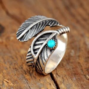 Boho Feather Turquoise Adjustable Ring, Adjustable Stainless Steel Feather Ring, Boho Turquoise Ring for Men, Feather Ring for Women (2 Pcs)