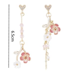 Pink Flower Cherry Blossom Petal Tassel Zircon Dangle Drop Earrings Cute Butterfly Heart Pearl Floral Earrings for Women Summer Refreshing Holiday Jewelry-heart