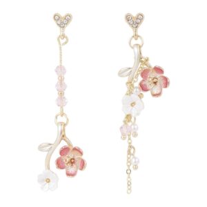 Pink Flower Cherry Blossom Petal Tassel Zircon Dangle Drop Earrings Cute Butterfly Heart Pearl Floral Earrings for Women Summer Refreshing Holiday Jewelry-heart