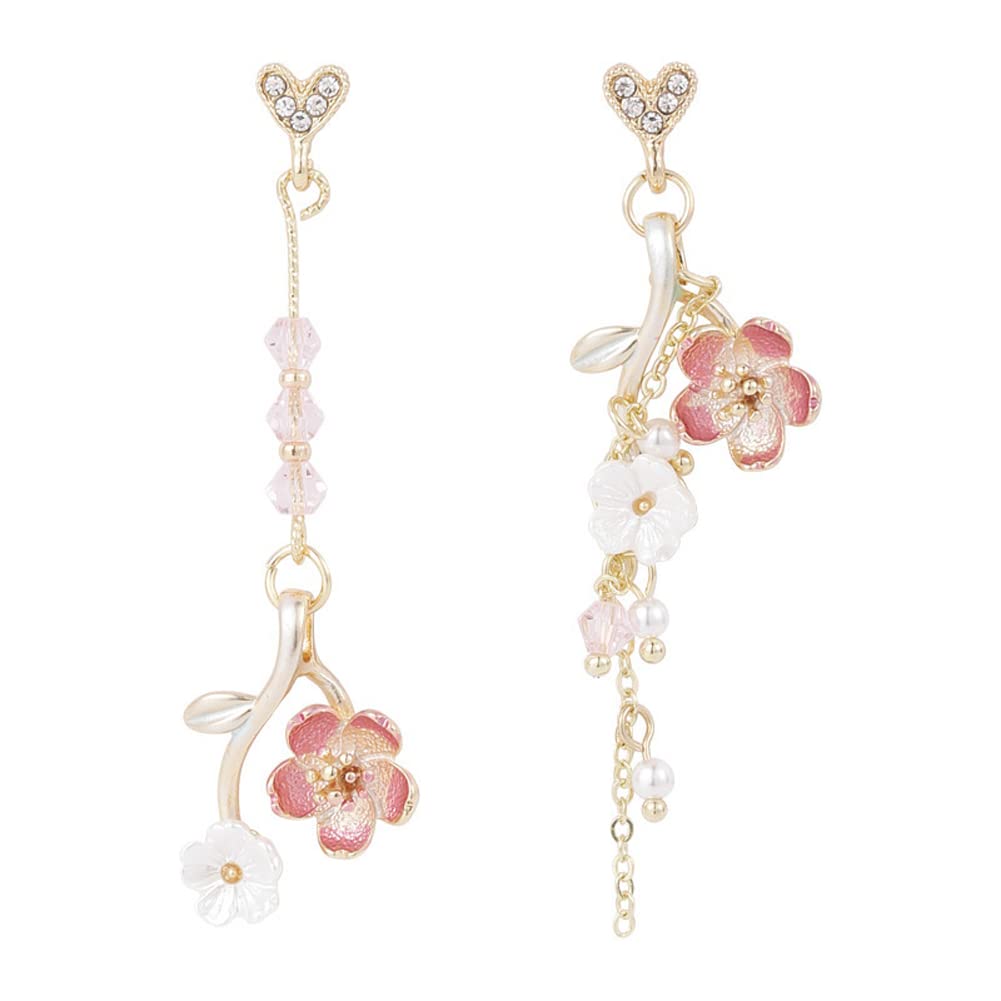 Pink Flower Cherry Blossom Petal Tassel Zircon Dangle Drop Earrings Cute Butterfly Heart Pearl Floral Earrings for Women Summer Refreshing Holiday Jewelry-heart