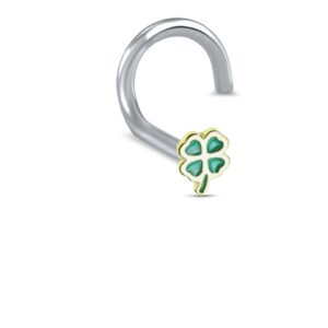 gold-tone 316lsurgical steel, rhodium plated brass left nostril screw nose ring 4 leaf clover 20g