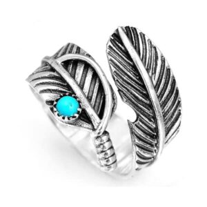 Boho Feather Turquoise Adjustable Ring, Adjustable Stainless Steel Feather Ring, Boho Turquoise Ring for Men, Feather Ring for Women (2 Pcs)