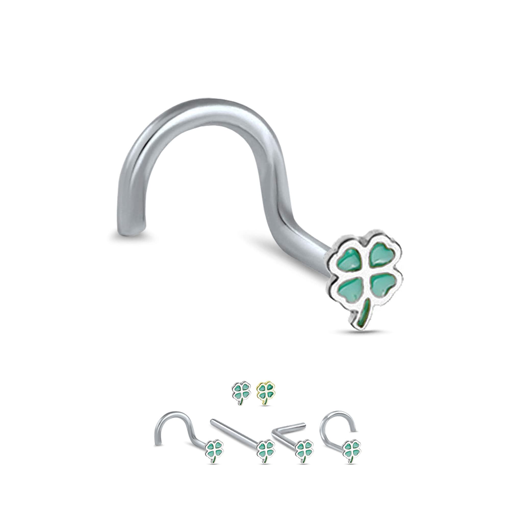 Gold-Tone 316LSurgical Steel, Rhodium Plated Brass Left Nostril Screw Nose Ring 4 Leaf Clover 20G