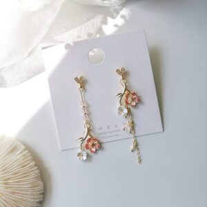 Pink Flower Cherry Blossom Petal Tassel Zircon Dangle Drop Earrings Cute Butterfly Heart Pearl Floral Earrings for Women Summer Refreshing Holiday Jewelry-heart