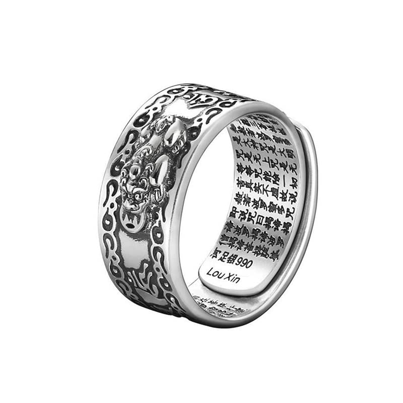 Feng Shui Pixiu Mantra Ring Buddhist Vintage Ring Adjustable Good Luck Amulet Mantra Double Protection Wealth Love Health Ring Gift for Men Women (A)