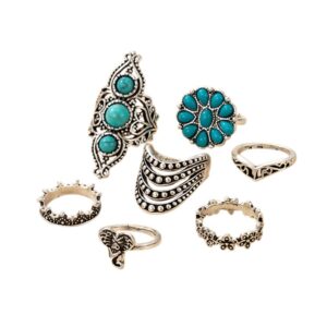 fuqimanman2020 bohemian western turquoise oval geometric stackable rings set midi crystal gemstone knuckle flower carved for women holiday beach summer boho jewelry-b