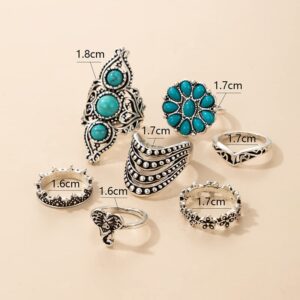 Fuqimanman2020 Bohemian Western Turquoise Oval Geometric Stackable Rings Set Midi Crystal Gemstone Knuckle Flower Carved for Women Holiday Beach Summer Boho Jewelry-B