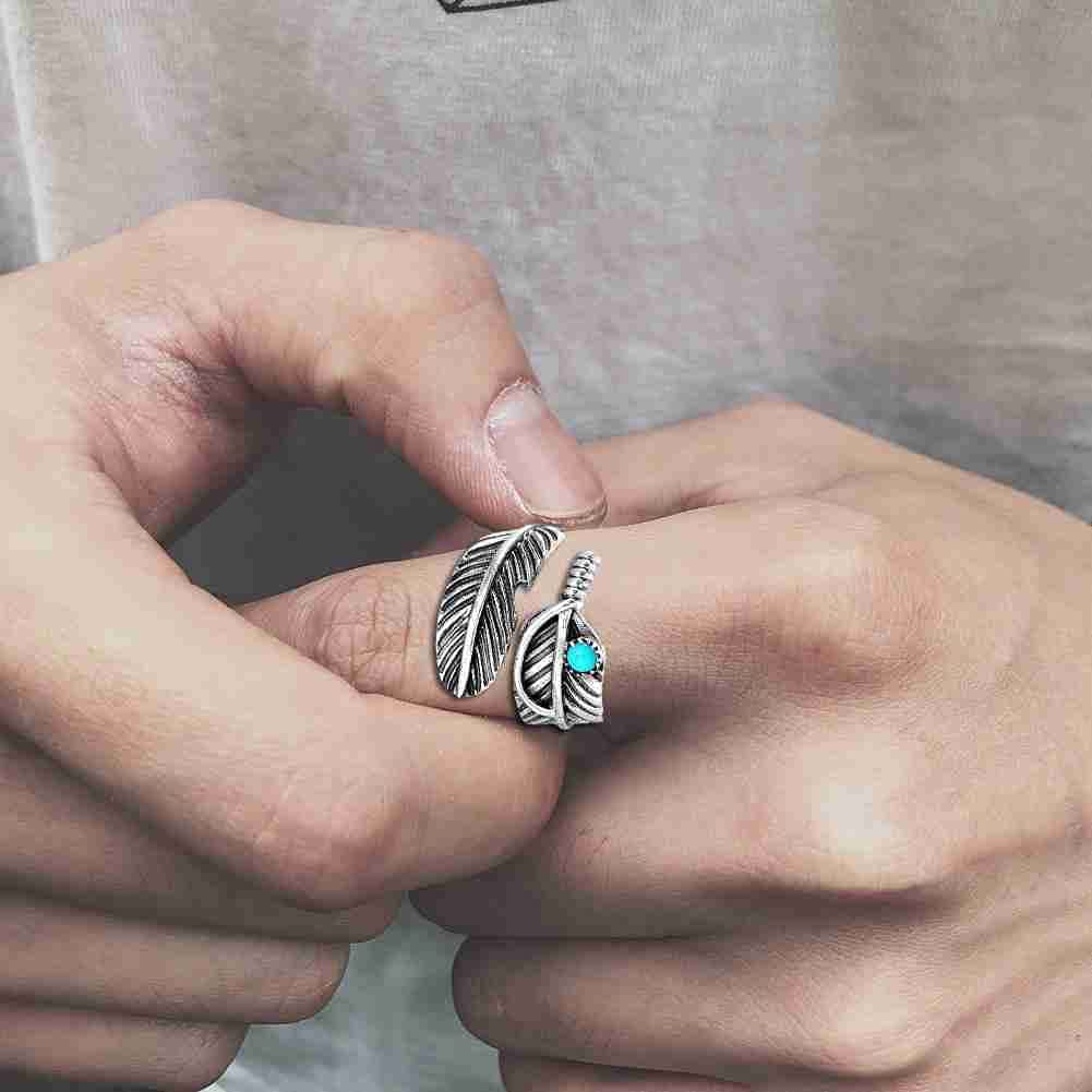 Boho Feather Turquoise Adjustable Ring, Adjustable Stainless Steel Feather Ring, Boho Turquoise Ring for Men, Feather Ring for Women (2 Pcs)