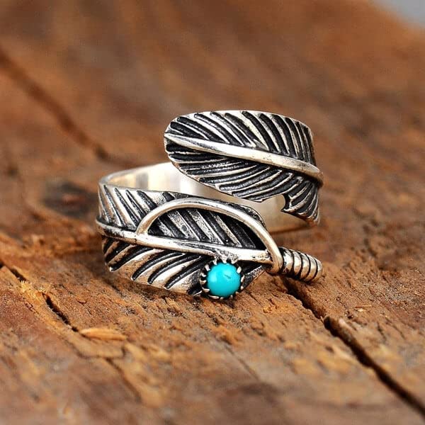 Boho Feather Turquoise Adjustable Ring, Adjustable Stainless Steel Feather Ring, Boho Turquoise Ring for Men, Feather Ring for Women (2 Pcs)