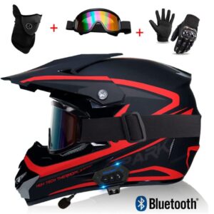 Bluetooth Dirt Bike Motorcycle Helmet, Adult DOT Certified Motocross Full Face Helmet for Off-Road Mountain Racing Bike MTB Downhill ATV Helmet Built-in Speaker with Gloves Goggles Mask-F-X-Large