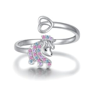 zaxsj sterling silver unicorn ring for women : 925 adjustable cute rainbow cubic zirconia unicorn rings for daughter granddaughter gifts jewelry (colorful, 7-9)