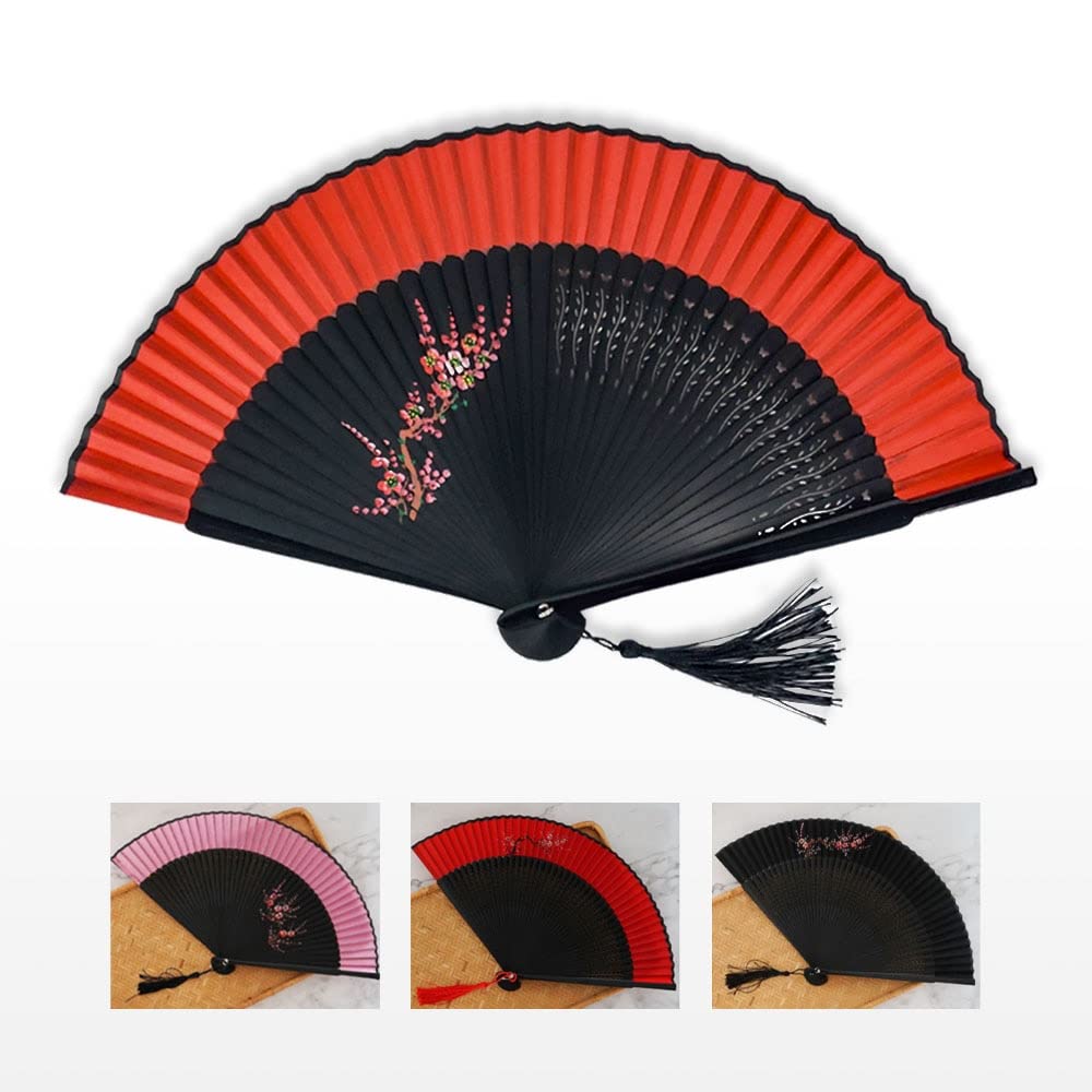 AAPIE Folding Fan Chinese Style Hand Fan Red Black Vintage Hand Fan Folding Fans Dance Wedding Party Favor Chinese Dance Party Folding Bamboo Fans for Women