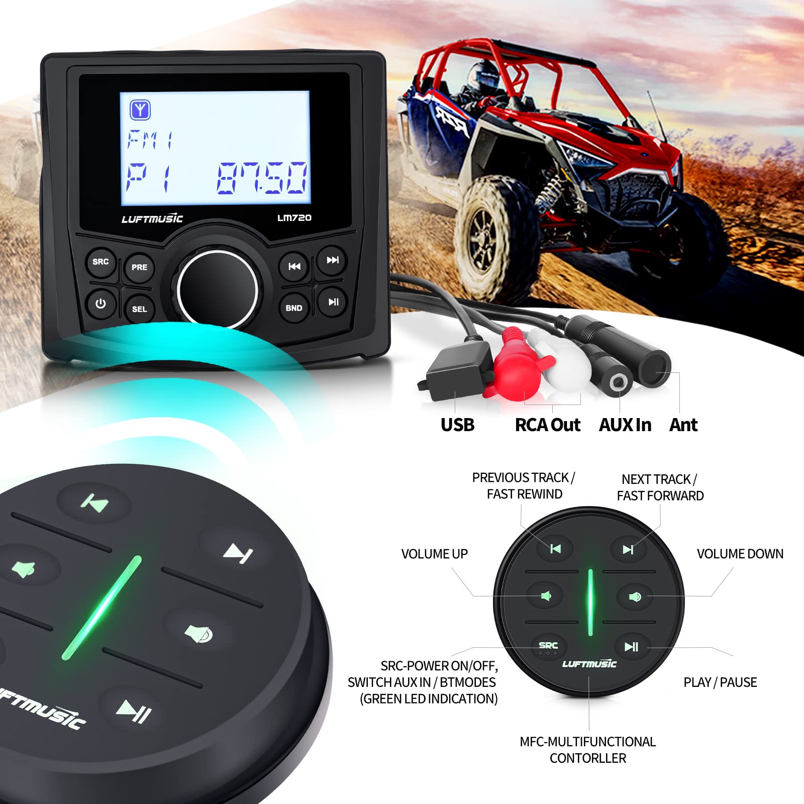 Marine Bluetooth Radio - Weatherproof Marine Stereo System with Wireless Remote - Built-in 3" Dot Matrix LCD Display, Amplifier, Bluetooth, Digital Media MP3 Player, AM/FM Radio