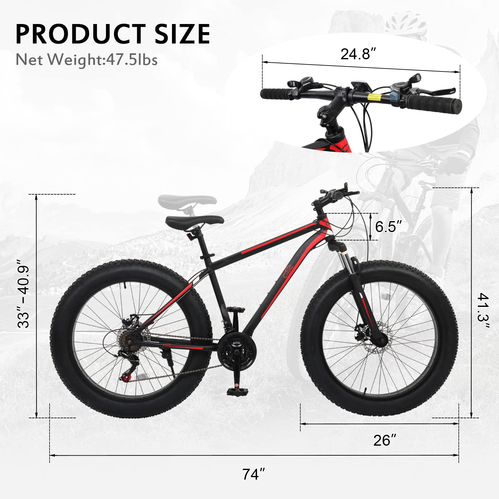 Ktaxon 26 Inch Bike Mountain Bike 4" Fat Tire Bike with 21-Speed Shifting System, Unmatched High-Carbon Steel Frame, Excellent Welding Technology, All Terrain Tires and 85% Assembled (Red&Black)