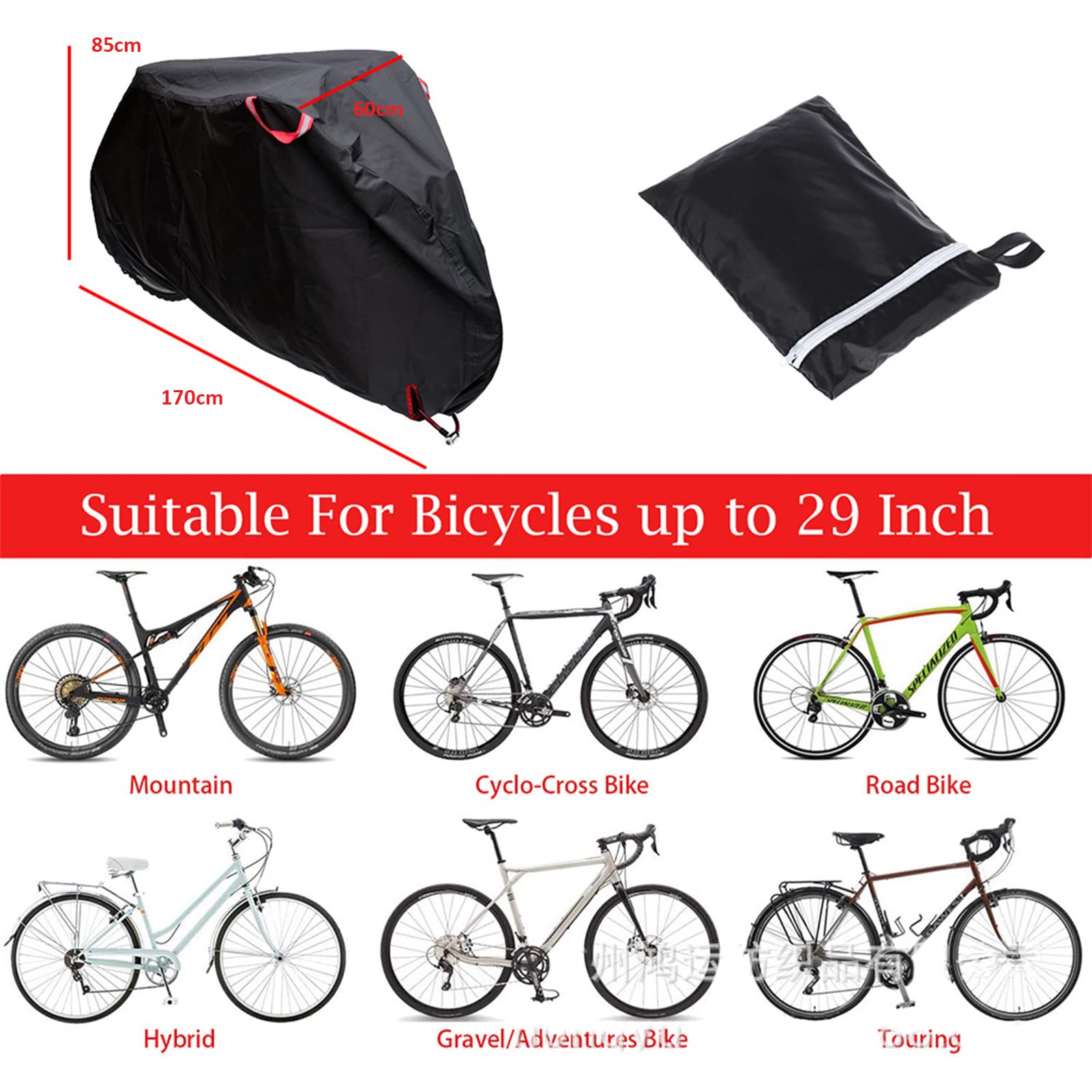 BAHULA Bike Cover, Outdoor Waterproof Bicycle Cover with Lock Hole, Rain Sun UV Dust Wind Snow Proof Bike Storage for Mountain Bike, Road Bike,Black,170X60X85cm