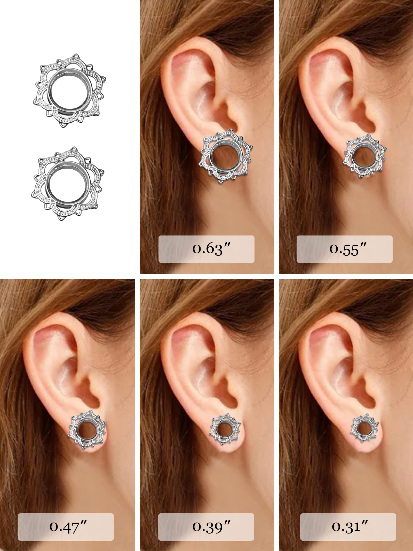 2 Pcs Ear Gauges for Women Men Stretchers Earrings Floral Hollow Ear Tunnels Boho Ear Expander Piercing Gauge Plug Earrings Body Jewelry(16 mm)