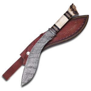 Damascus Steel Stag Horn Crown Antler Hunting Bowie Dagger Kukri Knife