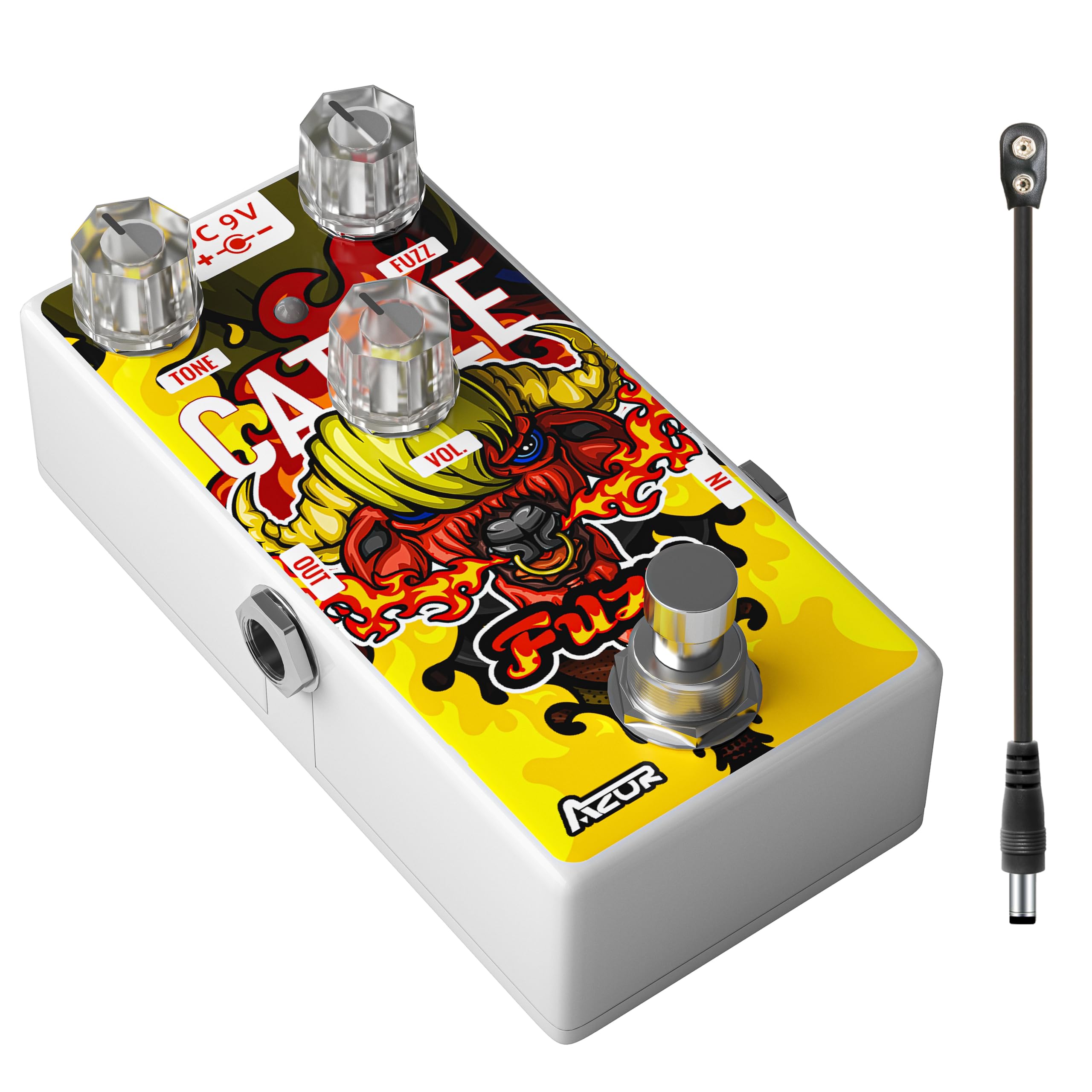 AZOR Fuzz Pedal Cattle Stylish Fuzz Guitar Effect Pedal with Pedal Power Cable,9V Battery Clip Converter Power Cable Snap Connector for Guitar Effects Pedal