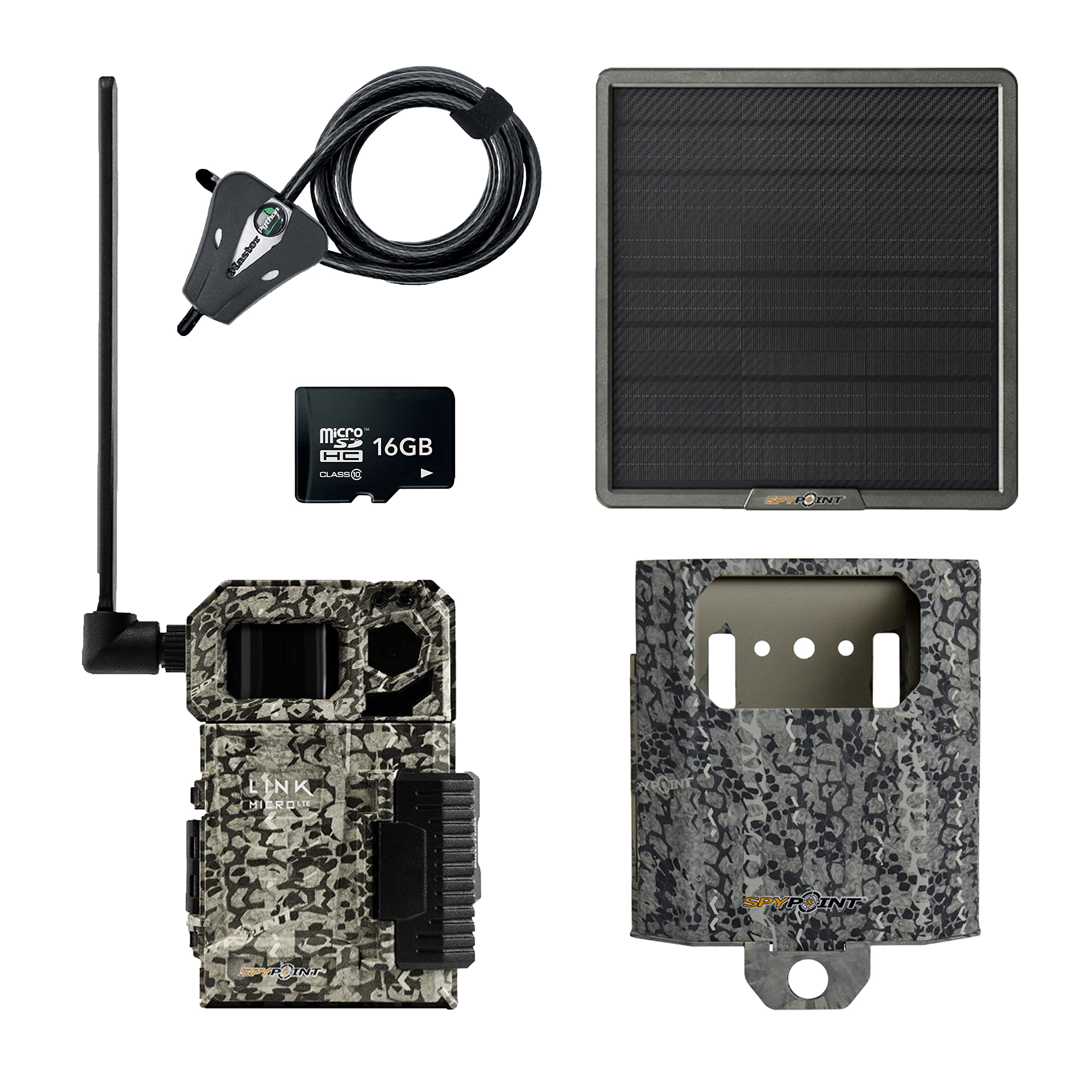 SPYPOINT Link Micro LTE V Verizon Link-Micro-LTE-V 4G IR Cellular Trail Camera with 10W Solar Panel Kit SPLB-22 and Steel Lockbox SB-300s and Locking Cable with 16GB SD Card