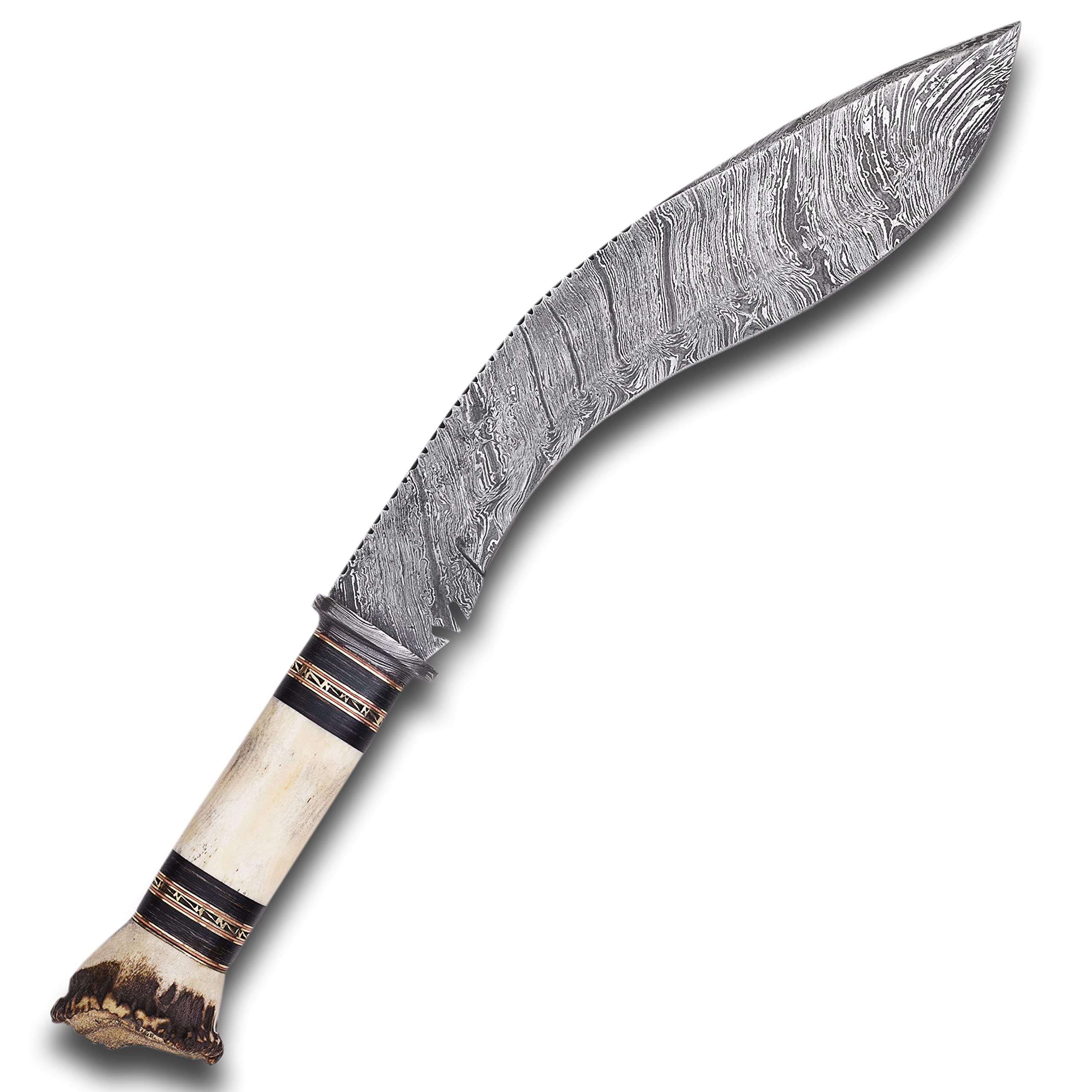 Damascus Steel Stag Horn Crown Antler Hunting Bowie Dagger Kukri Knife