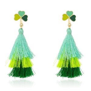 st patrick's day earrings for women, shamrock layered tassel earrings, irish green clover earrings for women, st patrick's day accessories, bohemian green tassel earrings