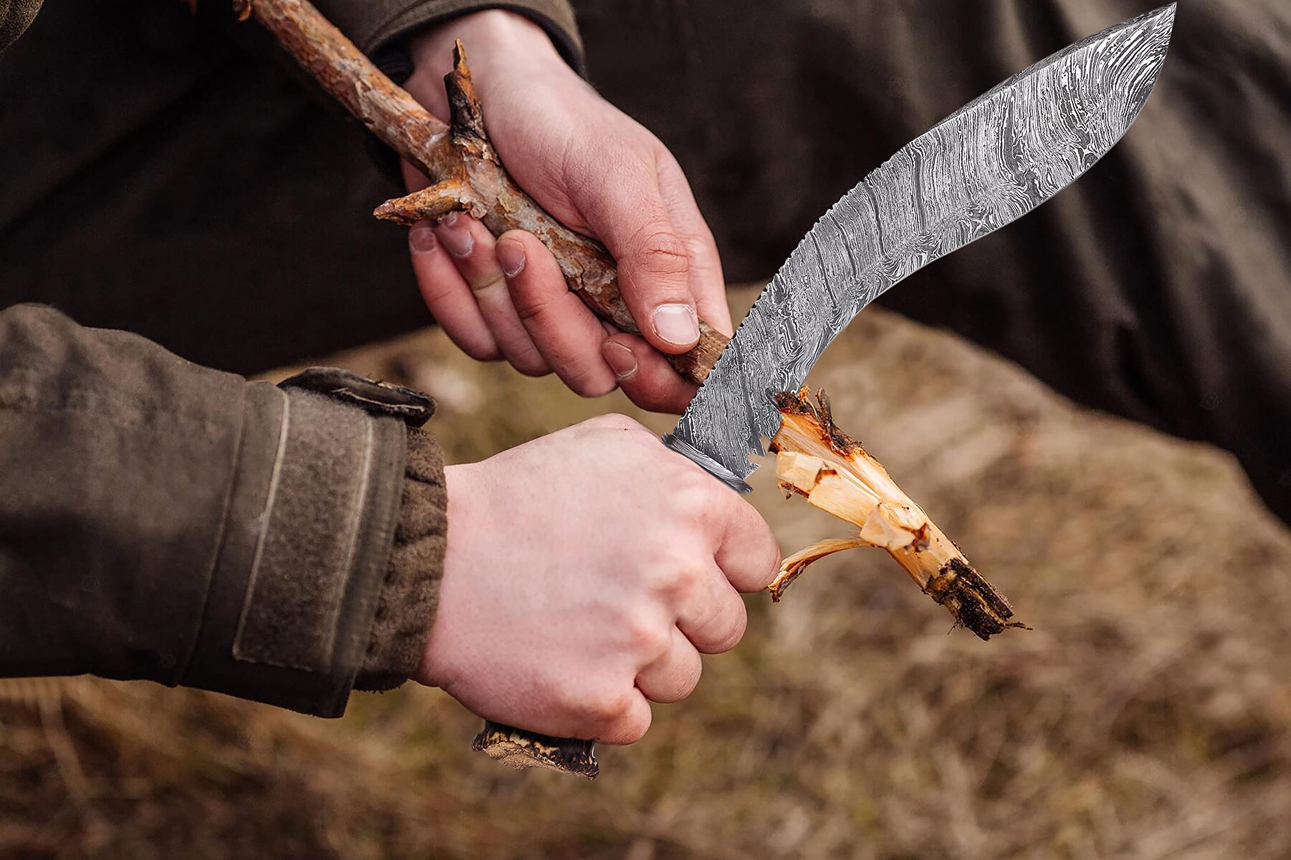 Damascus Steel Stag Horn Crown Antler Hunting Bowie Dagger Kukri Knife