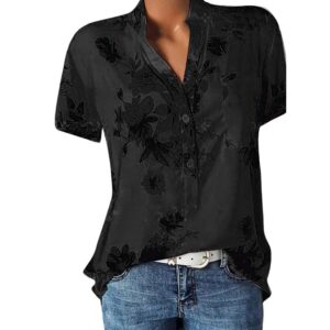 Women Henley Tunic Tops 2023 Summer Shirts for Women Plus Size Floral Vacation Tops V Neck Short Sleeve Dressy Tshirt Button Down Business Work Casual Trendy Blouses Spring Clothes Black