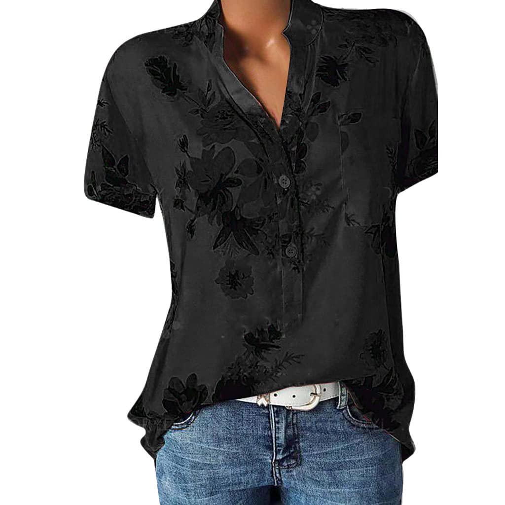 Women Henley Tunic Tops 2023 Summer Shirts for Women Plus Size Floral Vacation Tops V Neck Short Sleeve Dressy Tshirt Button Down Business Work Casual Trendy Blouses Spring Clothes Black